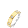 Gold and silver ring with embedded diamonds on a white background