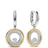 A pair of gold and silver drop earrings with circular designs, featuring clear pavé-set round stones and a central single round stone, shown on a plain white background.