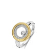 A two-tone ring featuring a polished yellow gold outer ring, a silver inner ring set with small clear stones, and a central round clear gemstone on a silver band, shown on a white background.
