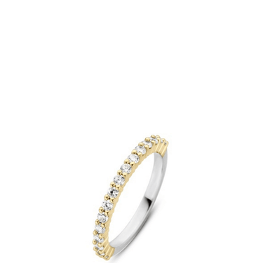 Two-tone gold and silver ring with diamonds on a white background