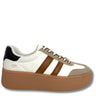 A low-top platform sneaker with a white leather upper, brown suede side stripes, a black heel tab, and a thick brown platform sole, shown against a plain white background.