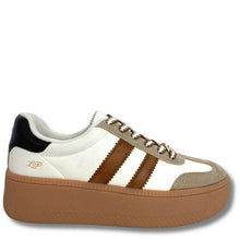 A low-top platform sneaker with a white leather upper, brown suede side stripes, a black heel tab, and a thick brown platform sole, shown against a plain white background.