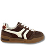 A brown and white low-top sneaker with a brown sole, featuring a dog-print heel tab, white laces, and a small gold logo on the side.