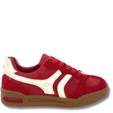 A red suede and synthetic leather sneaker with off-white side stripes, a gold 'LP' logo, and a brown gum sole, shown against a plain white background.