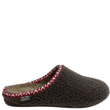 A single dark brown sherpa fleece slipper with a red and white braided trim around the opening, shown from a side profile on a white background. A small black brand tag reads 'Fuzzy Fuzzy slippers'.
