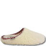 A single cream-colored fleece slipper with a red and white patterned braided trim around the opening, shown against a plain white background.