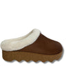 A brown slip-on clog-style shoe with a white faux-fur collar and a thick brown speckled platform sole, shown against a plain white background.