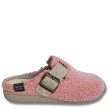 A pink fleece slip-on clog shoe with a beige faux-leather strap and a bronze buckle, shown from a side profile on a white background.