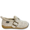 A single slip-on felt house shoe in a light oatmeal beige color, featuring a plush faux-fur collar, a gold-tone buckle strap, and a tan rubber sole, shown against a plain white background.
