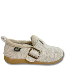 A single slip-on felt house shoe in a light oatmeal beige color, featuring a plush faux-fur collar, a gold-tone buckle strap, and a tan rubber sole, shown against a plain white background.