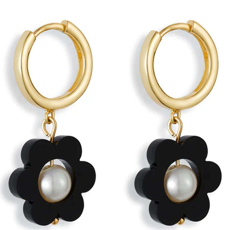 TooLally Flower Pearl Huggie Hoop Earrings - Black