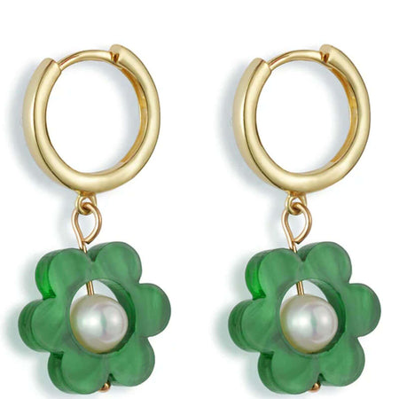 TooLally Flower Pearl Huggie Hoop Earrings - Green