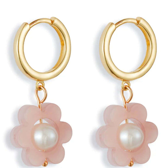 TooLally Flower Pearl Huggie Hoop Earrings - Pink