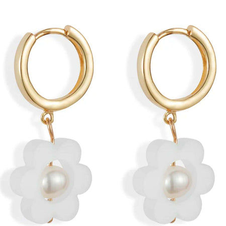 TooLally Flower Pearl Huggie Hoop Earrings - White