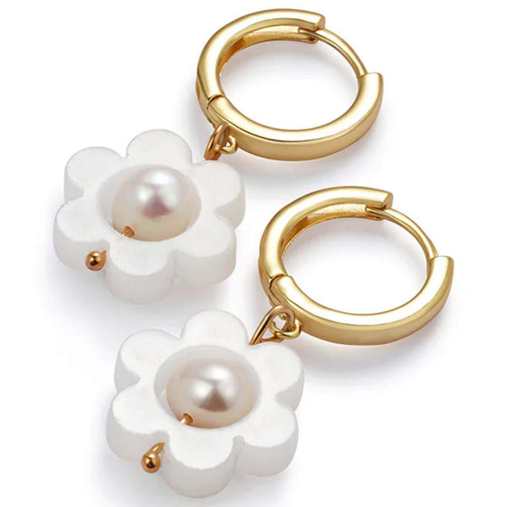 TooLally Flower Pearl Huggie Hoop Earrings - White