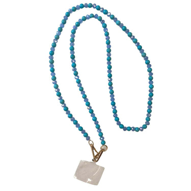Necklace with blue beads and a silver pendant on a white background