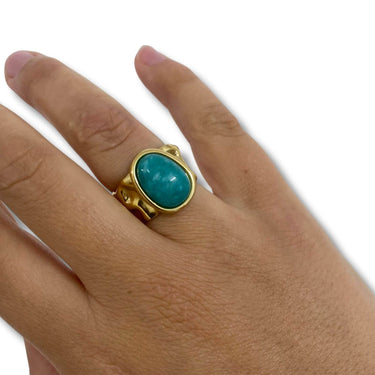 Gold ring with a turquoise stone on a hand against a white background