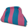 Pink and blue striped pouch on a white background