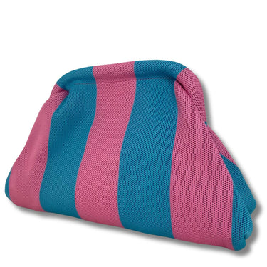 Pink and blue striped pouch on a white background