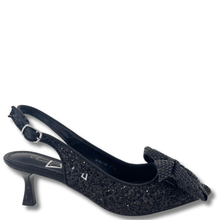 Black glittery high heel shoe on a white background