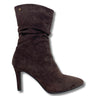 A dark brown suede ankle boot with a pointed toe and a high stiletto heel, shown from a side profile on a white background.