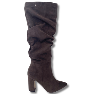 Brown suede knee-high boot on a white background
