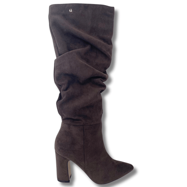 Brown suede knee-high boot on a white background