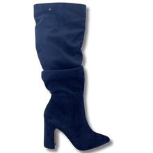 Navy blue knee-high boot on a white background