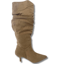 ladies beige suede slouch boots with kitten heel