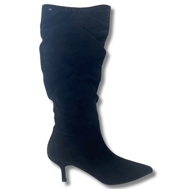 ladies black suede slouch boots with kitten heel