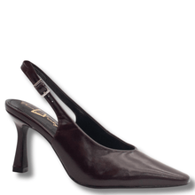 Brown high-heeled slingback shoe on a white background