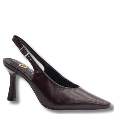 Brown high-heeled slingback shoe on a white background