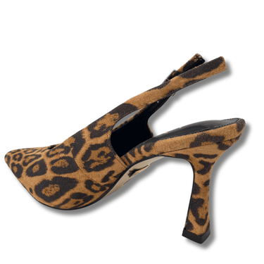 Leopard print high-heeled shoes on a white background