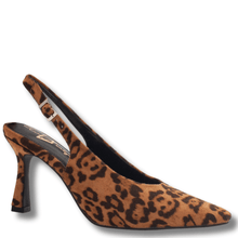 Leopard print high heel shoe on a white background