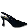 A single black suede slingback high-heeled shoe with a pointed toe and gold buckle, shown from a side profile on a white background.