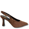 A single brown suede slingback pump with a pointed toe and a mid-height stiletto heel, featuring a gold buckle and a small gold logo on the side, shown against a plain white background.