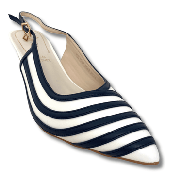 Navy and white striped shoe on a white background