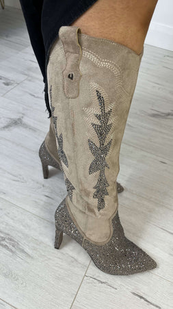 Una Healy Sparkly Long Length Taupe Western Boots