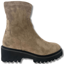 ladies beige suede boots with black sole