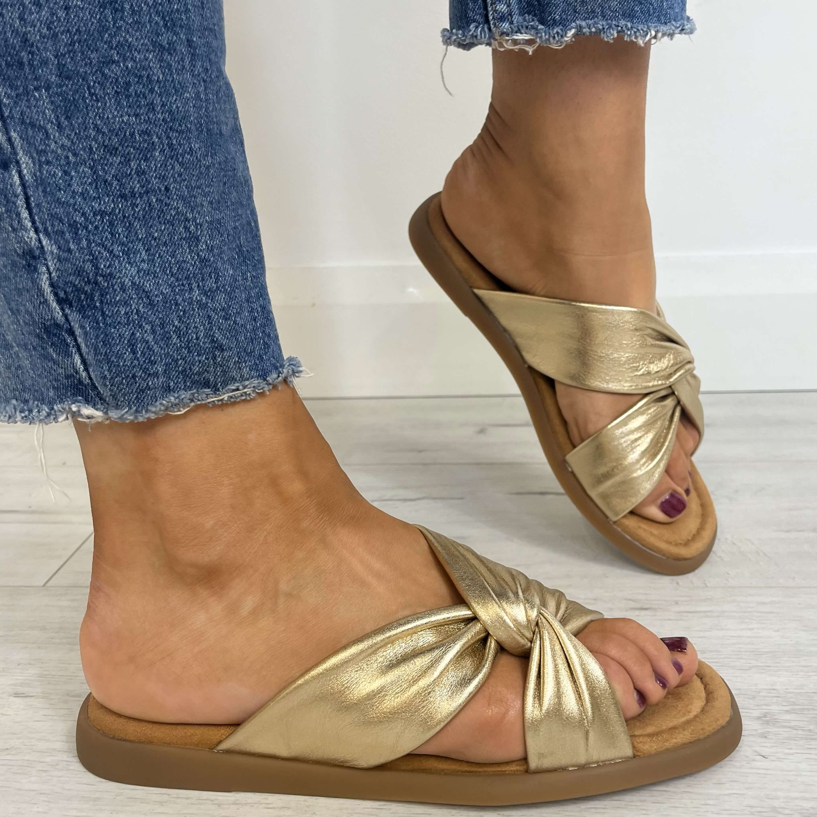 Unisa Camby Gold Square Toe Flat Mule Sandals