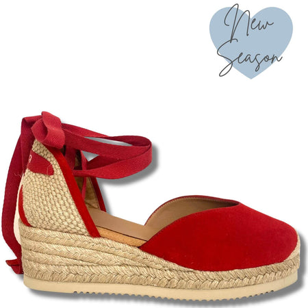 Unisa Carlys Red Suede Wrap Around Ankle Strap Wedge Shoes