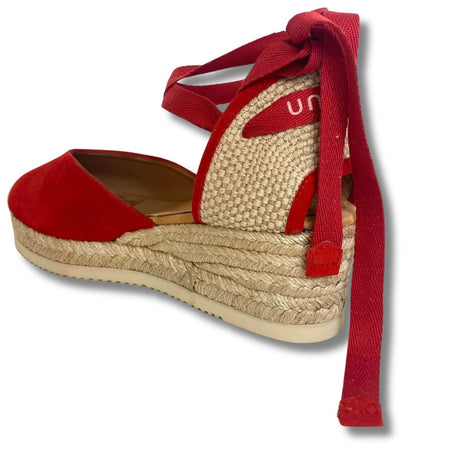 Unisa Carlys Red Suede Wrap Around Ankle Strap Wedge Shoes