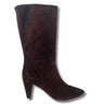 A dark brown suede knee-high boot with a pointed toe and a mid-height block heel, shown from a side profile on a white background.