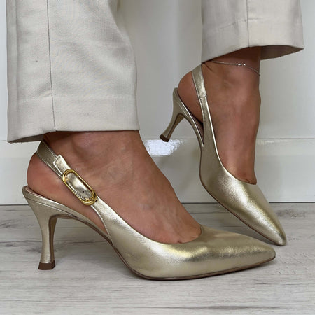 Unisa Lanz Gold Leather Sling Back Stilettos