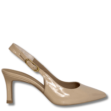 Beige high-heeled shoe with a slingback design on a white background