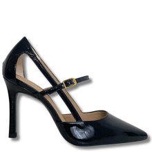 Black high-heeled shoe with a strap on a white background