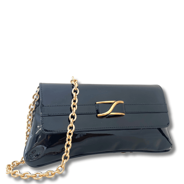 Black handbag with a gold chain on a white background