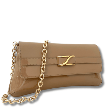 Beige handbag with gold chain and clasp on a white background