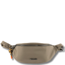 khaki waist bag with a visible brand logo on a white background