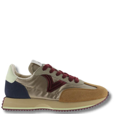 Multicolor sneaker with red laces on a white background